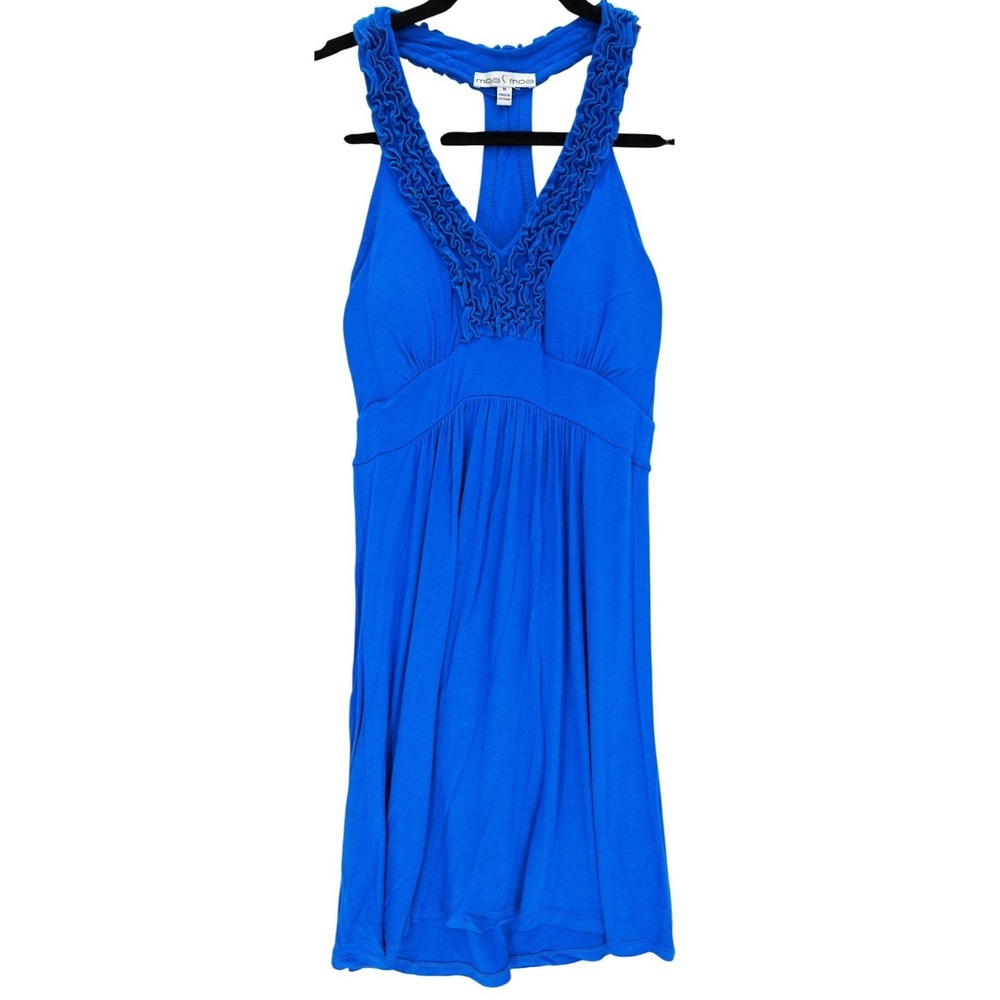 Moa Moa Blue Ruffled Trip V-Neck Racerback Empire Waist Dress M Padded Bust